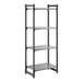 A tall, black, four-shelf stationary shelving unit made of solid material.