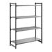 A black stationary shelving unit with three vented shelves and one solid shelf.