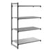 A black metal shelving unit with three vented shelves and one solid shelf.
