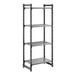A tall, black shelving unit with three vented shelves and one solid shelf.