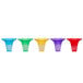 A row of six assorted color transparent tulip-shaped snow cone cups.