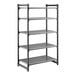A gray, five-shelf vented plastic shelving unit designed for storage and organization.
