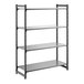 A black four-shelf stationary shelving unit with solid shelves and a sturdy frame.