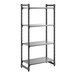 A black and gray four-shelf stationary shelving unit.