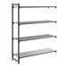 A black shelving unit with three vented shelves and one solid shelf, measuring 18 inches by 60 inches by 72 inches.