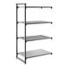 A black metal shelving unit with three vented shelves and one solid shelf.