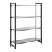 A four-shelf, solid black stationary shelving unit designed for storage and organization.