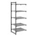A gray vented five-shelf add-on shelving unit made of plastic, designed for storage and organization.