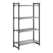 A black stationary shelving unit with three vented shelves and one solid shelf.