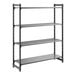 A black stationary shelving unit with three vented shelves and one solid shelf.