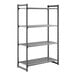 A four-shelf, vented, stationary shelving unit made of durable plastic, measuring 24 inches by 54 inches by 84 inches.