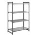 A black stationary shelving unit with three vented shelves and one solid shelf.