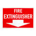 A red and white rectangular sign with white text reading "Fire Extinguisher" above an arrow pointing down.