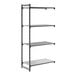 A black shelving unit with three vented shelves and one solid shelf, designed for storage and organization.
