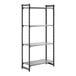 A tall, black, four-shelf stationary shelving unit.