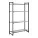A four-shelf black stationary shelving unit with solid shelves and a metal frame.