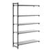 A five-shelf, solid add-on shelving unit with a black frame and gray shelves.