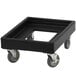 A black plastic Cambro Camdolly with wheels.