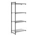 A tall, black shelving unit with three vented shelves and one solid shelf.