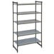 A grey metal Cambro Camshelving® stationary shelving unit with five shelves.