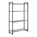 A tall, stationary shelving unit with three vented shelves and one solid shelf, designed for storage and organization.