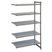 A grey Cambro Camshelving® Basics Plus add on unit with 5 metal shelves.