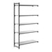 A five-shelf add-on shelving unit with solid shelves and a metal frame.