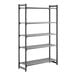 A tall, black, five-shelf vented plastic shelving unit designed for storage.