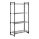 A tall, stationary shelving unit with three vented shelves and one solid shelf, designed for storage and organization.