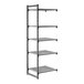 A tall, gray, five-shelf vented shelving unit designed for storage and organization.