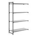 A black metal shelving unit with four solid shelves and an open frame design.