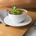 An Alpine white porcelain saucer with a bowl of soup with green garnish on top.