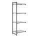 A tall, narrow shelving unit with four solid shelves and a metal frame.