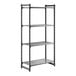 A tall, black stationary shelving unit with three vented shelves and one solid shelf.