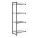 A tall, four-tier shelving unit with three vented shelves and one solid shelf, designed for storage and organization.