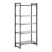 A tall, five-shelf, solid black and gray stationary shelving unit.