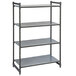 A grey metal Cambro Camshelving® Basics Plus stationary unit with four shelves.