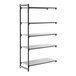A five-shelf solid add-on shelving unit with a metal frame and flat shelves.