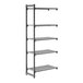 A tall, black, five-shelf vented shelving unit designed for storage and organization.