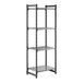 A tall, black stationary shelving unit with three vented shelves and one solid shelf.