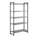 A black five-shelf vented stationary shelving unit.
