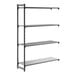 A black metal shelving unit with three vented shelves and one solid shelf.