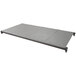 A grey metal Cambro Camshelving® Basics Plus shelf with wheels on a white background.