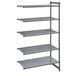 A metal Cambro Camshelving Basics Plus add-on unit with 4 vented shelves and 1 solid shelf.