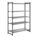 A large stationary shelving unit with four vented shelves and one solid shelf.