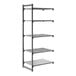 A tall, gray shelving unit with four vented shelves and one solid shelf.