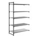A black metal shelving unit with four vented shelves and one solid shelf.