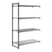 A black metal shelving unit with three vented shelves and one solid shelf.