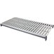 A grey metal grate with white vented shelves.