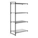 A black metal shelving unit with three vented shelves and one solid shelf, measuring 24 inches by 42 inches by 84 inches.